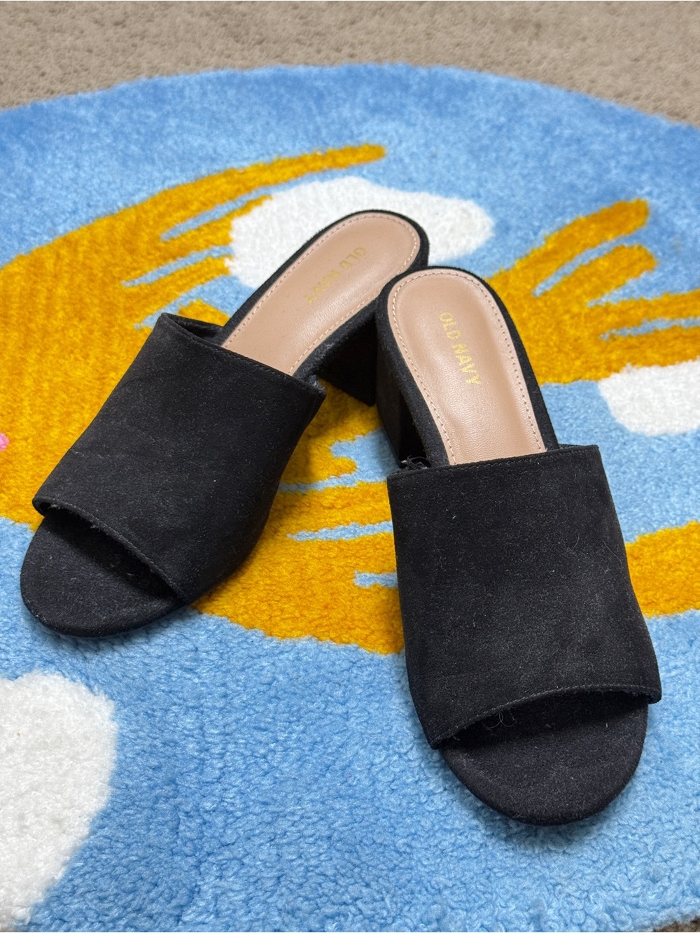 Old Navy Black Suede Open-Toe Slide Mules with Block Heel - NEW!
